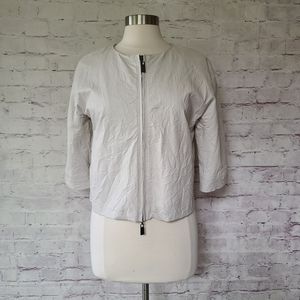 Lauren Vidal Faux Leather Cropped 3/4 Sleeve Zip Jacket Stone Cream Small